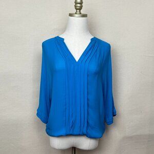 JOIE  V-Neck Silk Blue Dolman Pleated 3/4 Sleeve Semi-Sheer Pullover Blouse XS